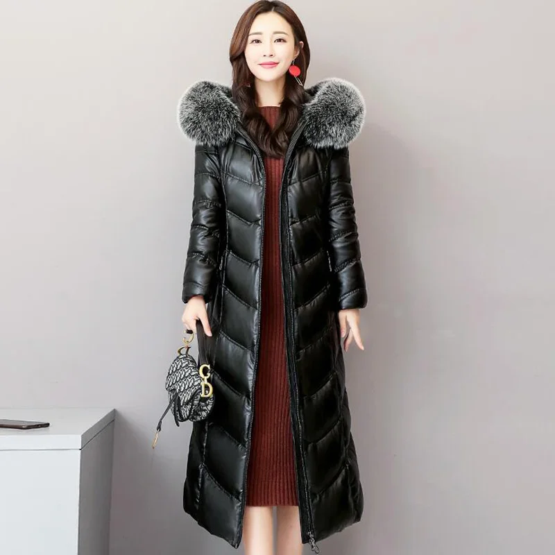 High quality Winter Down jacket Women Sheep Leather fox fur collar Female Hooded Long Coat Thick Slim Plus Size Female Parkas