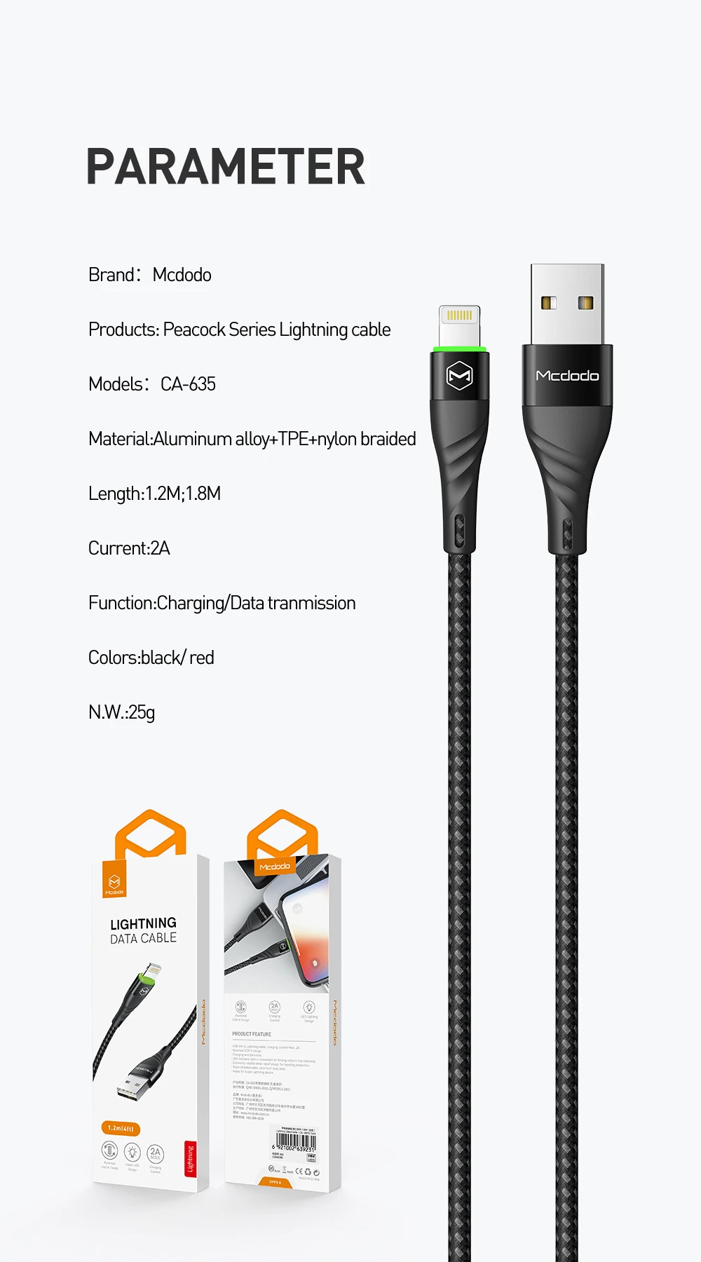 Mcdodo светодиодный usb-кабель для зарядки iPhone xs max xr 8 7 6s plus 5s 11 ipad pro быстрое зарядное устройство для apple lightning Кабель 1 м 2 м