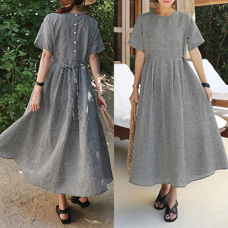 

ZANZEA 2019 Summer Midi Dress Vintage Women's Check Sundress Woman Back Button Tunic Vestidos Female Pleated Casual Robe S-5XL