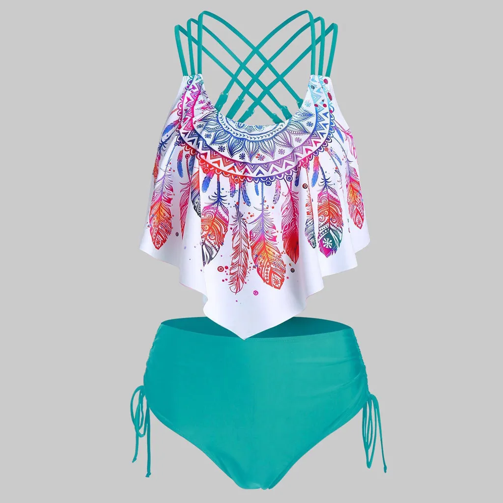Swimwear Woman Bikini Swimsuit Feather Print Push-Up Padded Overlay Flounce Crisscross High Waist Bikini Tankini Swimwear