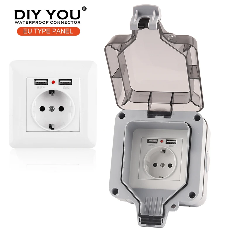 

IP66 EU Standard Outdoor Wall Switch Socket With USB Waterproof Power Socket For Home Garden 16A Outlet Suitable for large plug