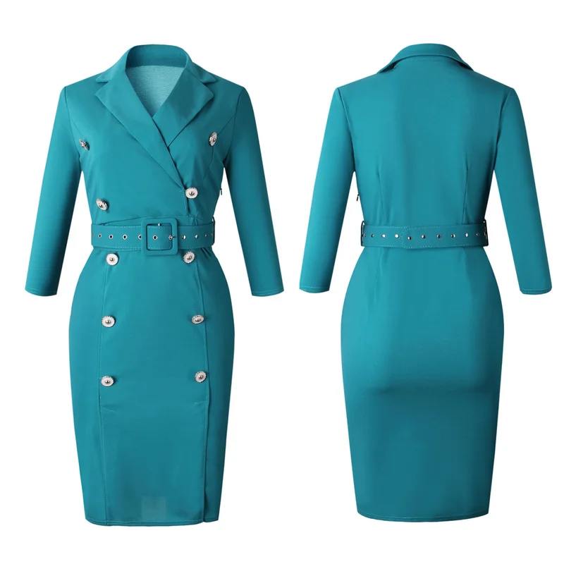 Women Formal Blazer Dress Office Lady Business Work Notched Double Breasted Fashion Bodycon Dresses with Sash Autumn Summer