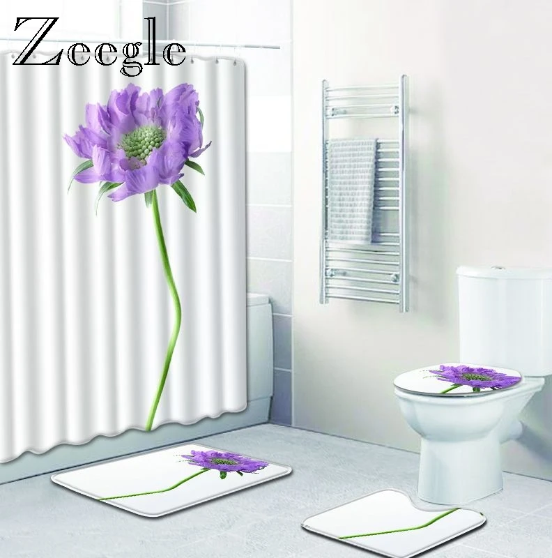 Zeegle Bathroom Mats Anti Slip Shower Mat Set Floral Pattern Bathroom Toilet Rugs Absorbing Carpet Accerssories 4PCS