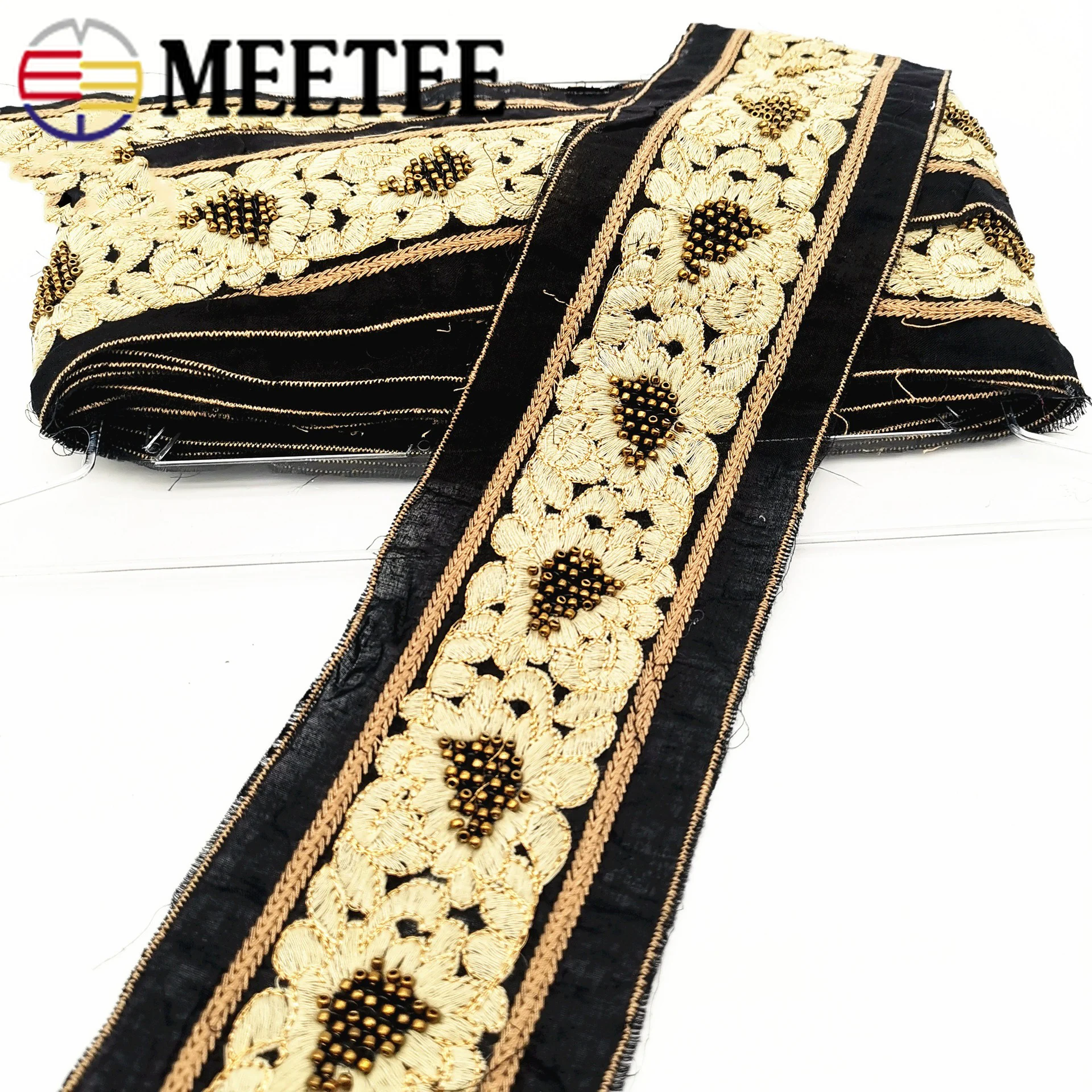 

1yard 9cm Ethnic Gold Thread Beaded Webbing Ribbon Tape Shoes Dress Decorative Embroidered Lace Trims DIY Sewing Accessories