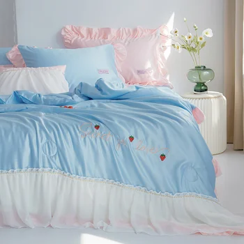 

Summer Washed Silk Embroidery Air Conditioner Blanket on the Bed Twin Queen Double Comforters Bedspread Sheet Pillowcase #/