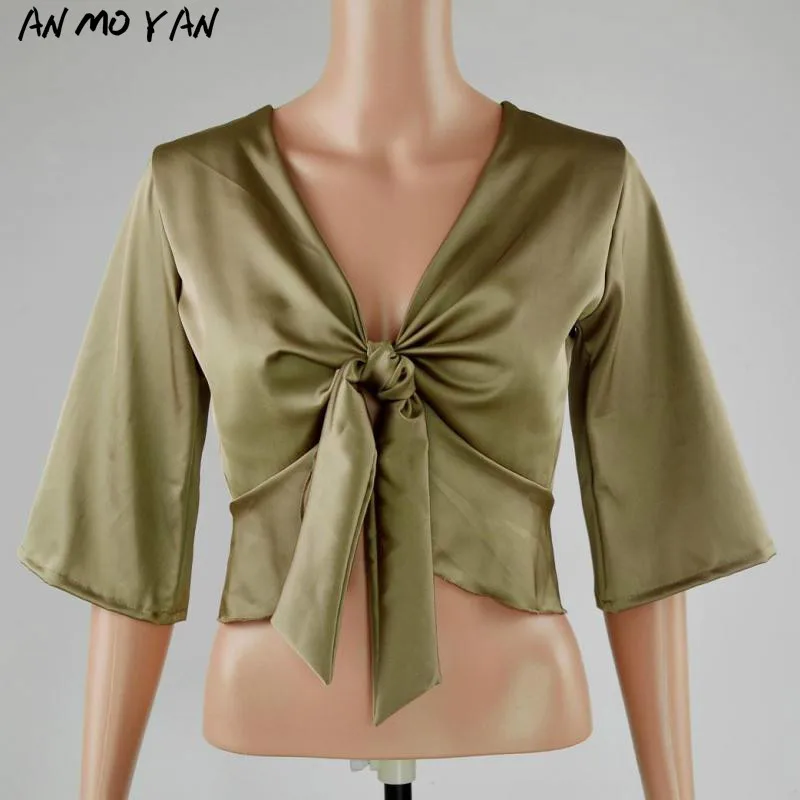 

European And American Sweet Style Women's T-shirt With Bowknot Pure Color Satin Fabric Sexy Belly Button T-shirt