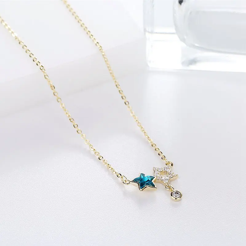 Exquisite Blue Crystal Star Necklace Chain for Women Gold Color Cubic Zircon Crystal Pendant Jewelry