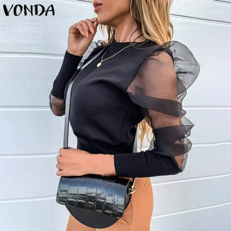 VONDA женские свитера женские офисные кружевная блузка Демисезонный, детские свитеры с длинными рукавами трикотажный пуловер Повседневное топы размера плюс
