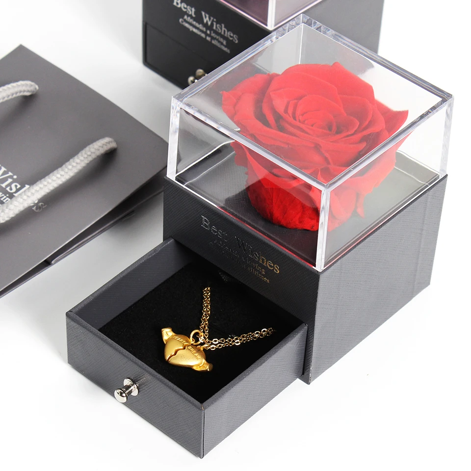 New Preserved Real Rose Jewelry Box With Necklace Holder Immortal