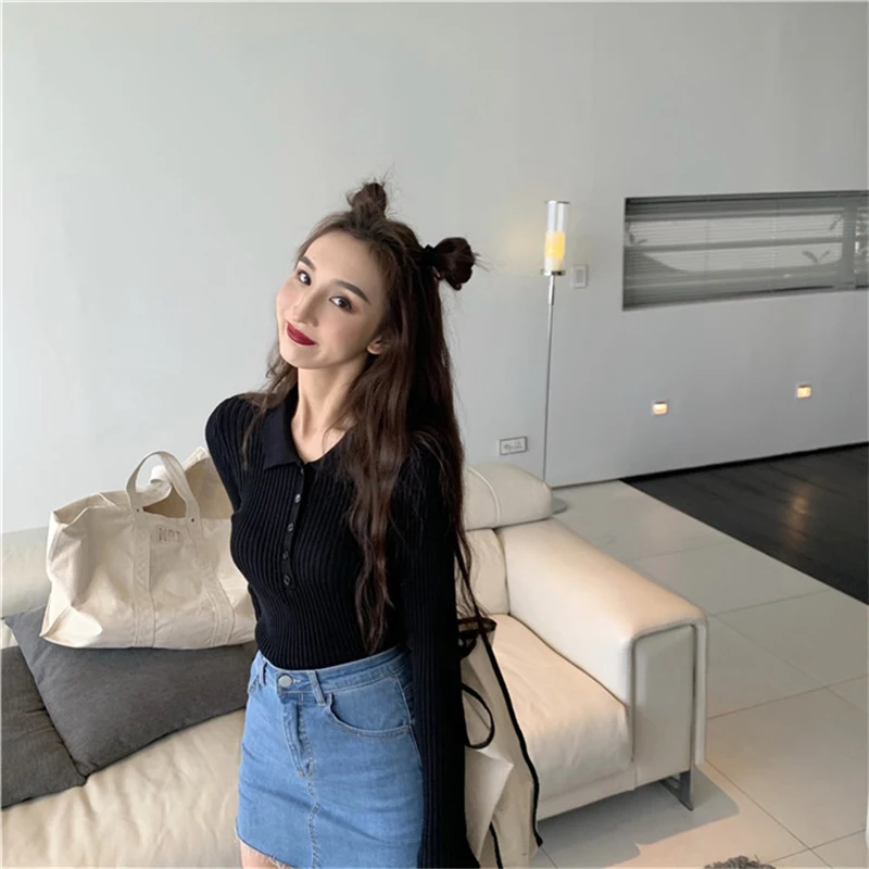 XIBUSANA 2020 Autumn Turn-down Collar Single Breasted Solid Slim Sweaters Women Pit Article Knitted Casual Pullovers Tops Female