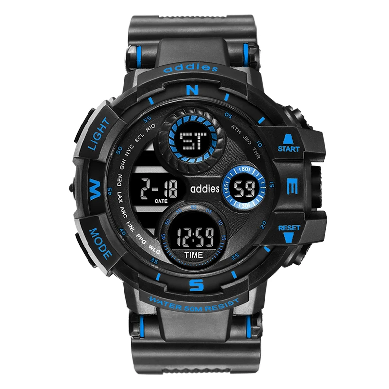 Мужские Цифровые армейские спортивные часы для мальчиков, для активного отдыха, с большим циферблатом, 50 м, водонепроницаемый светодиодный сигнальная подсветка, супер крутые часы - Цвет: Синий