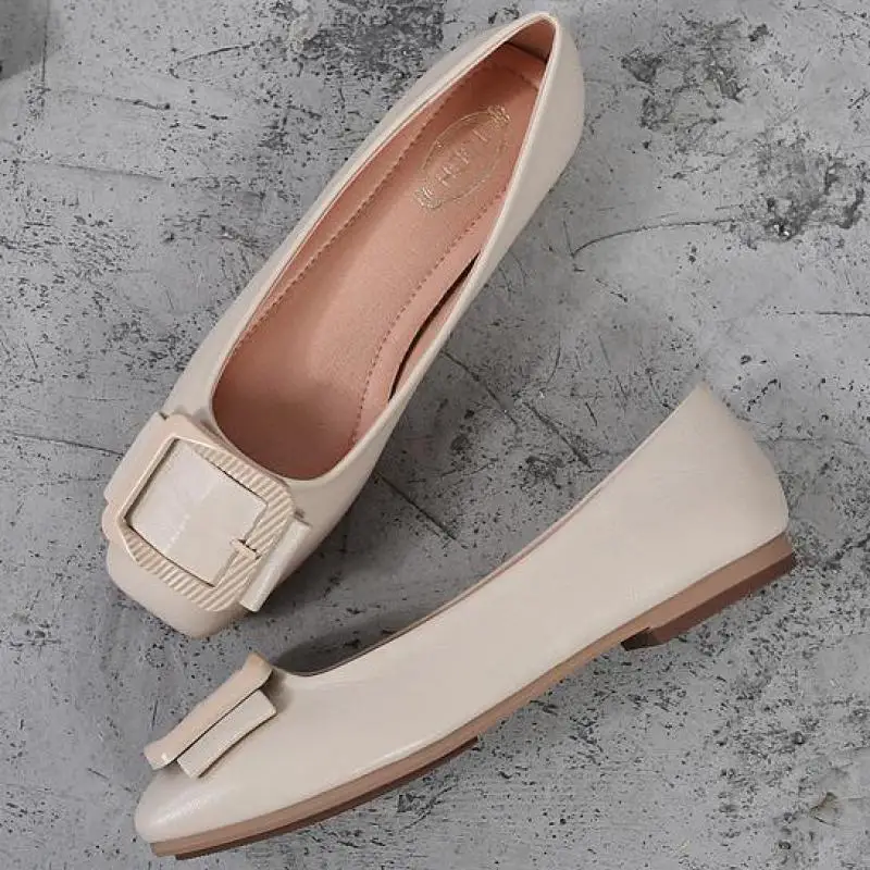 

Women Moccasins Bow Buckle Square Toe Flats Comfortable Ballerina Boat Shoes Loafers Ladies Slip On Shallow Leather Single Shoes