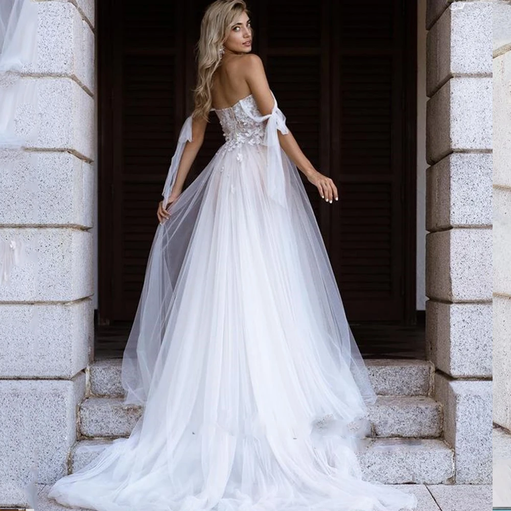 Sexy Off the Shoulder Tulle  Wedding Dresses For Women Sweetheart Spaghetti Straps Lace Applique Side Slit Sweep Train Dresses lace wedding dress