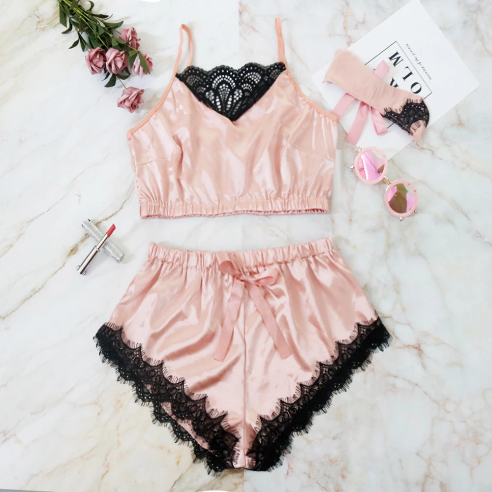 

Jodimitty Women Pajamas Set 2 PC Lingerie Lace Nightdress Underwear Sleeveless Solid Pyjama Fashion Sexy Satin Sleepwear Femme