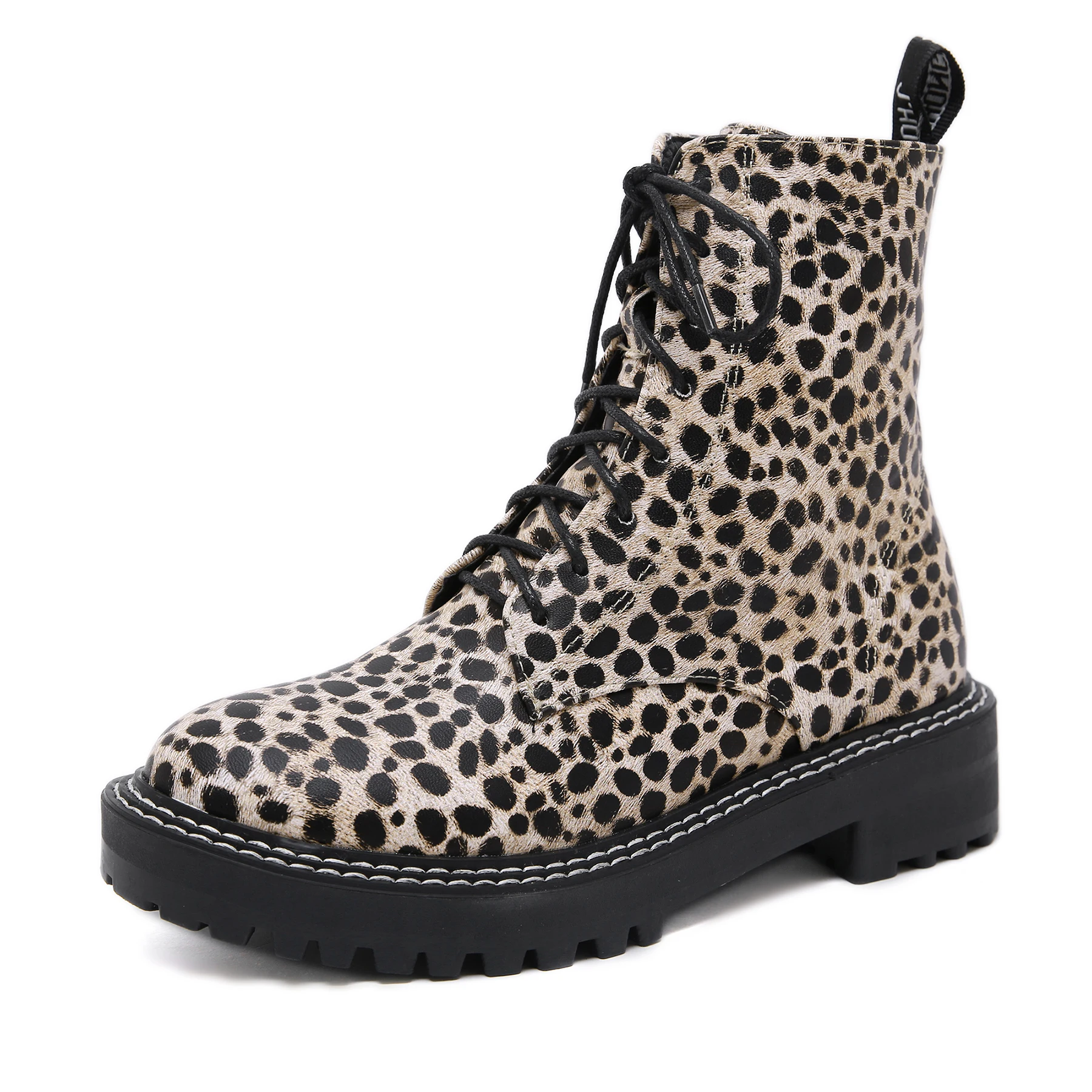 

Women's Leopard Round Toe Platform Boots Low Heels Retro Personality Martin Boots Ankle Lace Up Bootie Military boots