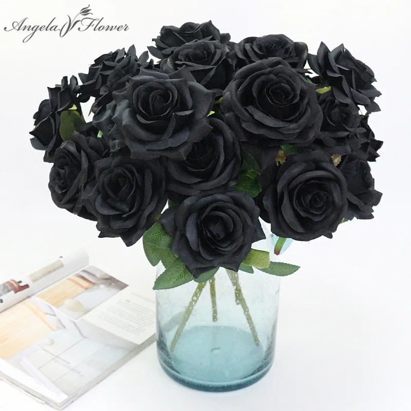 46 CM 7 têtes noir Rose Bouquet fleurs artificielles mariée main tenir  fleur soie décoration de la maison Table mariage fête fournitures bricolage