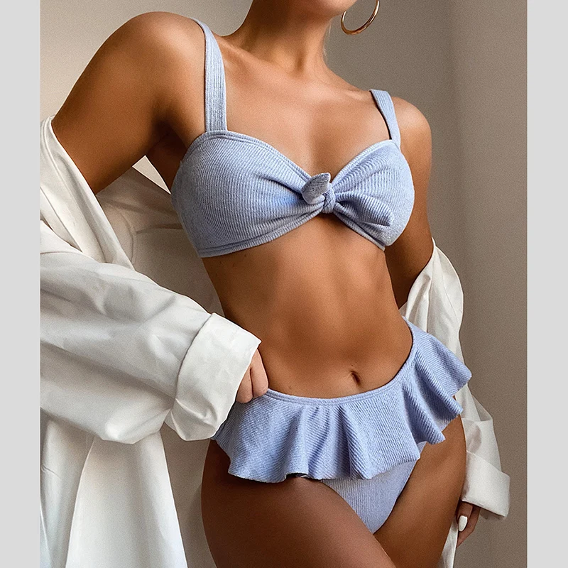 

Ruffled Knotted Bikini Female Swimsuit Women Swimwear Two-pieces Bikini set Mid Waist Bather Bathing Suit Girls Ties