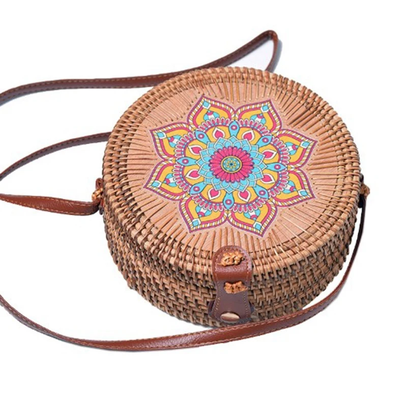 Hand-Woven Round Rattan Bag Shoulder Leather Strap Natural Chic Handmade | Багаж и сумки