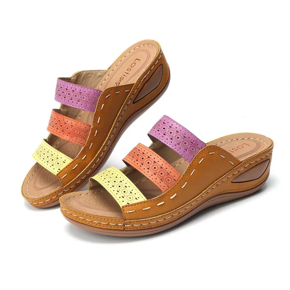 Летние шлепанцы; женская обувь; Повседневная разноцветная обувь на низкой танкетке; Босоножки с открытым носком; тапочки; buty damskie