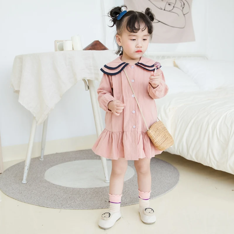 

Spring Autumn New Baby Kids Girls Cotton Long Sleeve Dress Sweet Solid Color Doll Collar Button Comfortable High Quality Dress