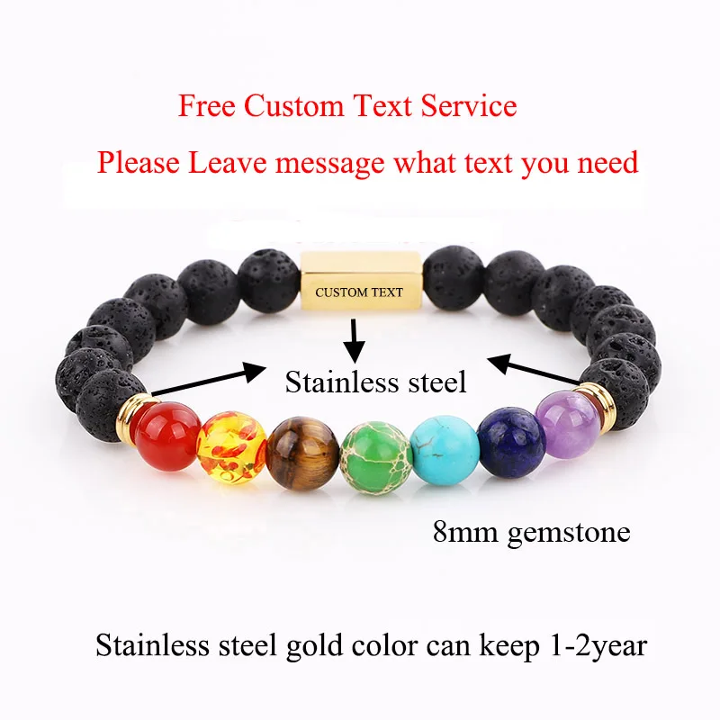 7 Chakra Bracelet Yoga Power Bracelet Free Custom Text Gold Stainless Steel Charm Male Beaded Elastic Bracelet Gift Men women - Image 2