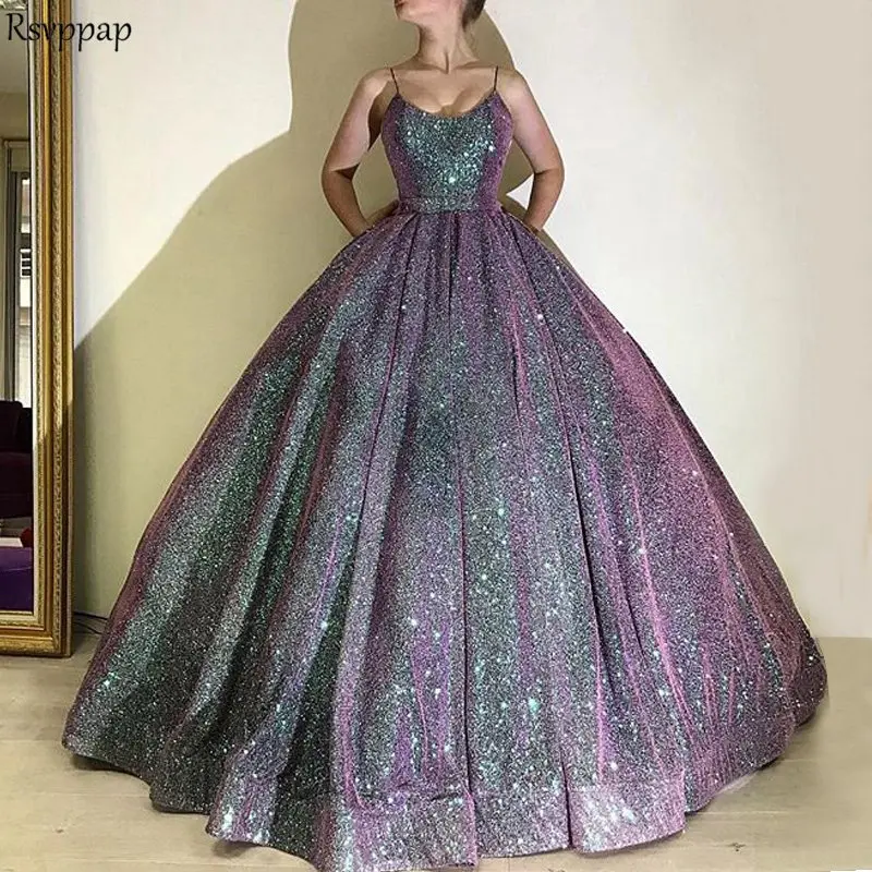 

Dubai Arabic Style Evening Dresses 2019 Long Glitter Puffy Ball Gown Spaghetti Strap Oman Women Formal Party Evening Gowns