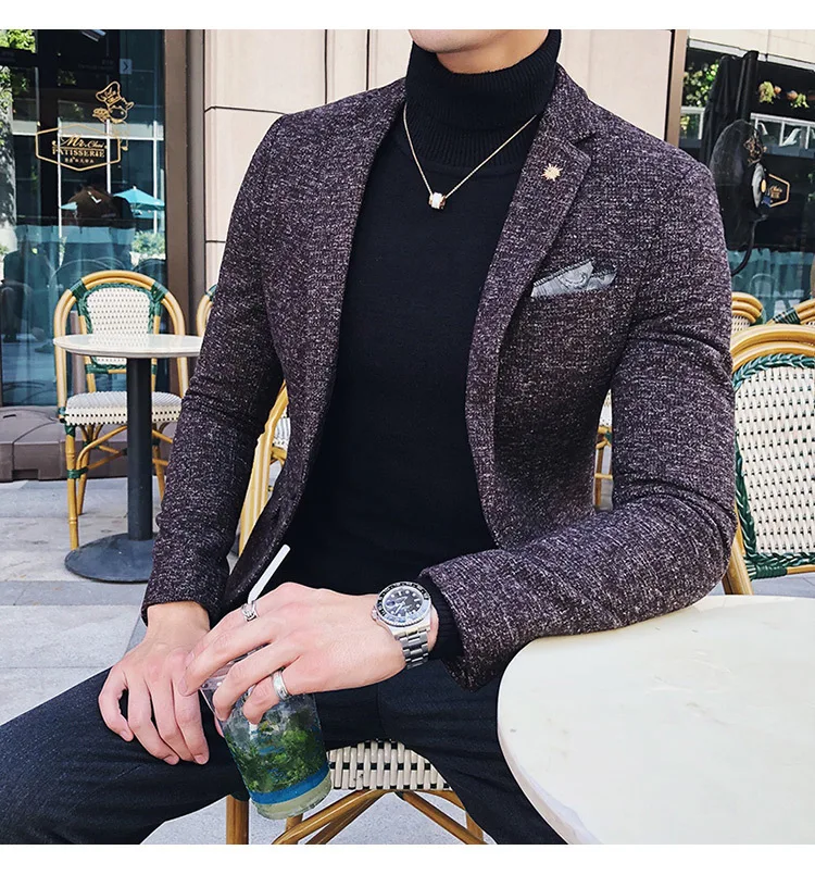 Мужской твидовый Блейзер Осень зима блейзер masculino slim fit повседневные мужские спортивные пиджаки hombre invierno ho Мужской Блейзер черный синий коричневый