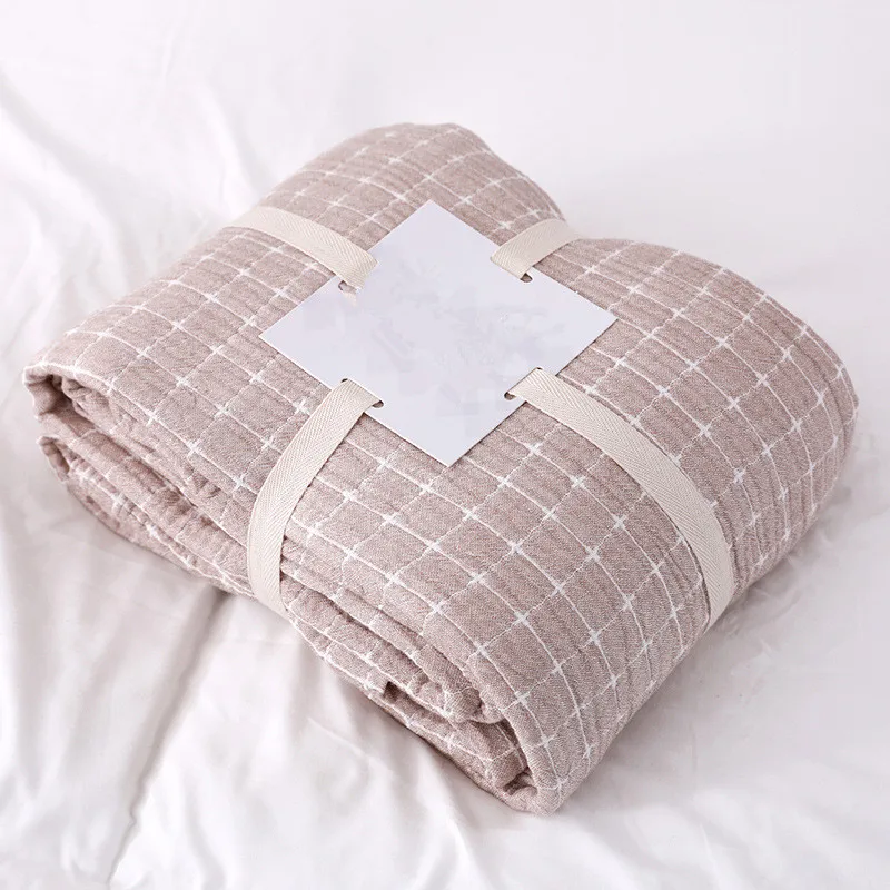 Хлопковое муслиновое Клетчатое одеяло для кровати, тонкое одеяло, осенняя простыня, Марлевое покрывало для кровати, двуспальное одеяло для дивана, зимнее одеяло s - Цвет: Camel