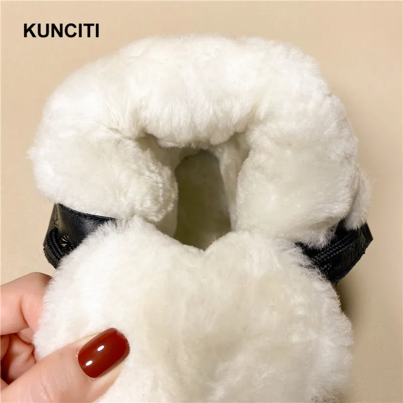 KUNCITI/ г., зимние сапоги на натуральном меху женская зимняя обувь черного цвета из натуральной кожи на шнуровке высококачественные ботильоны новинка, D9309
