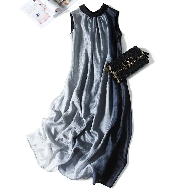 

Gradient Color Tank Dress 100% Natural Silk Sleeveless A-Line Beach Style Mid-Calf O-Neck Casual Dress 2020 Summer