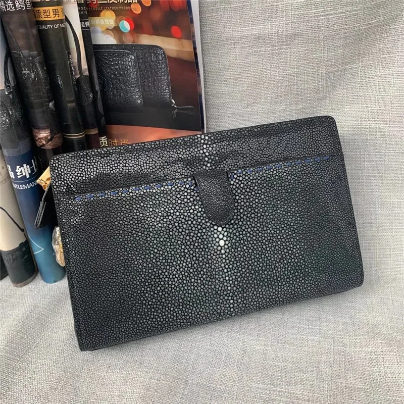 

Authentic Stingray Skin Businessmen Envelop Clutch Bag Large Card Holders Genuine Leather Password Closure Male Wristlets Purse