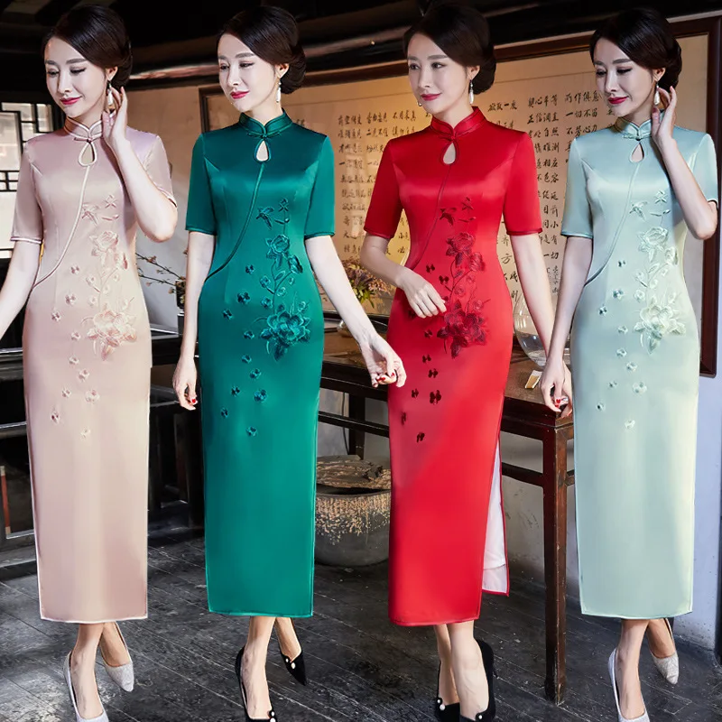Новинка, традиционное китайское женское платье с цветочным принтом в винтажном стиле, сатиновое, сексуальное, до щиколотки, Qipao, Дамский воротник-стойка, тонкий, Cheongsam S-3XL