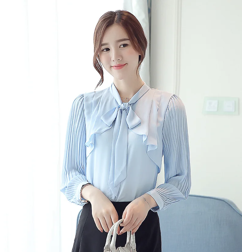 

2019 Spring Clothing New Style Korean-style Bow Chiffon Blouse Versitile Fashion Shirt Women Long Sleeve White Shirt Sweater Spr