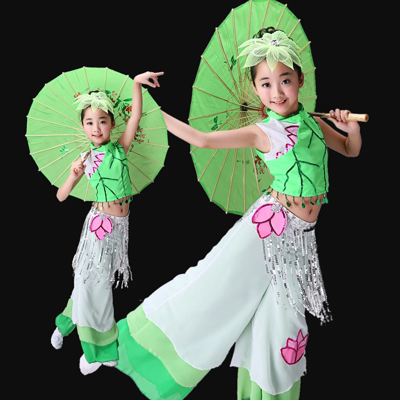 

Children's classical Chinese clothing dance costumes fan dance Yangko clothing girls umbrella dance national dance costumes