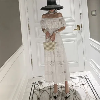 

CBAFU sexy off the shoulder slash neck dress women short sleeve diamonds button lace beach summer dress party hollow out F240