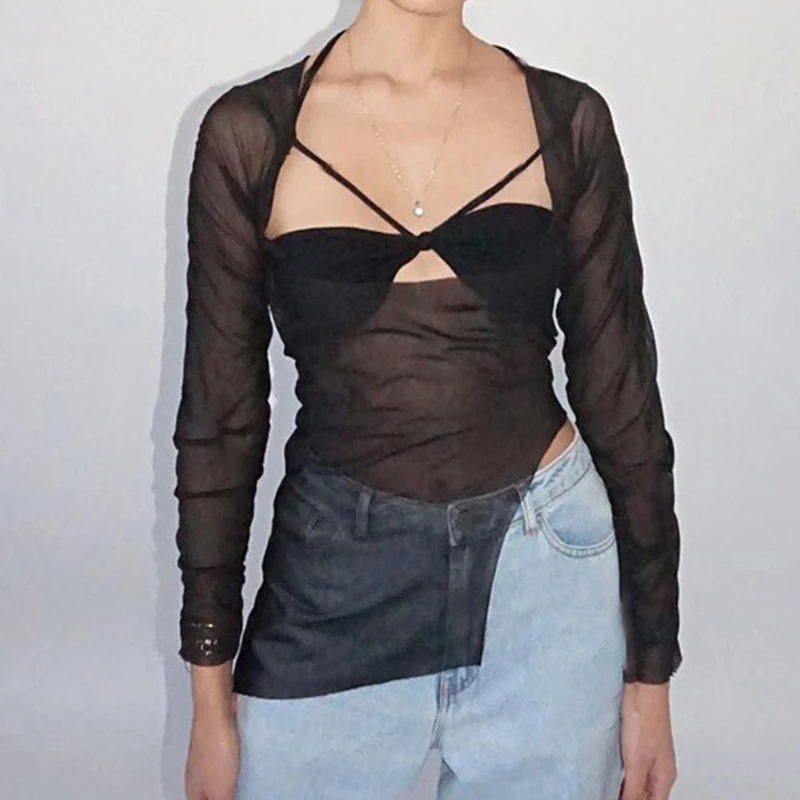 Goth Dark Y2k Punk Mesh See Through T-shirts Women Cyber Sexy Summer Halter Tops Lace Up Techwear Black Patchwork Split Clothes