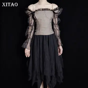 

XITAO Niche Sense of Design Mesh Puff Sleeve Patchwork Square Collar Hollow Out Drawstring 2020 Summer Fashion Shirt DMY4841