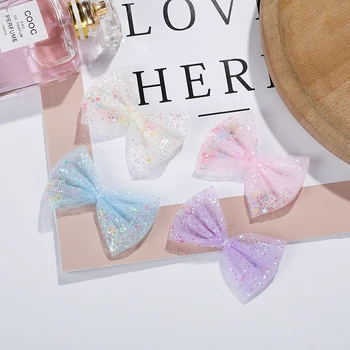 

120pcs/lot 6*4cmcm shiny mesh fabric bowknot padded Applique For DIY Headwear Hair Clips Decor Baby Clothes Accessoies Patches