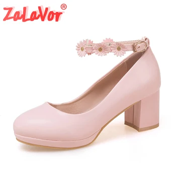 

ZALAVOR Size 30-43 Women Flower High Heel Shoes Woman Flower Rivet Ankle Strap Thick Heel Pumps Party Club Shoes Woman Pumps