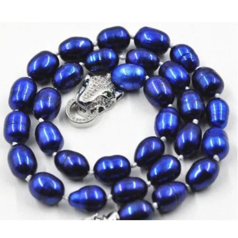 

Beautiful NEW REAL 7-9mm freshwater Cultured Blue Pearl Necklace 18"leopard Clasp