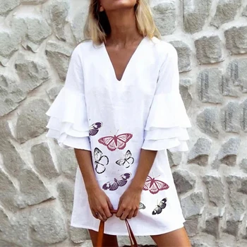 

2020 Summer Butterfly Print Dress Women Half Sleeve V-neck Mini Dress Summer Casual Ruffle Party Dress Dropshipping
