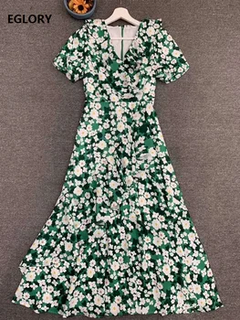 

Novia Party 2020 Summer Fashion Style Women V-Neck Elegant Little Flower Print Short Sleeve Mid-Calf Length Casual Green Dress