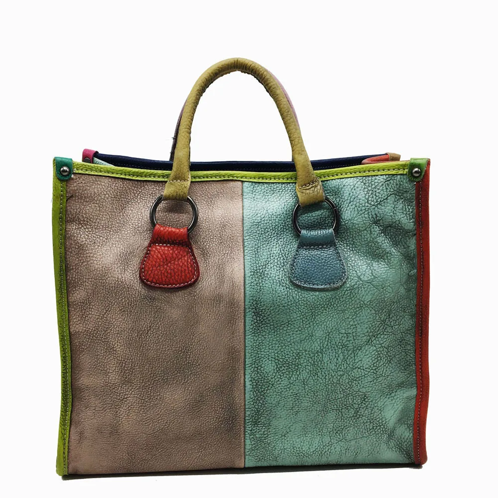 Разноцветная Лоскутная Натуральная матовая кожаная женская сумка высокого