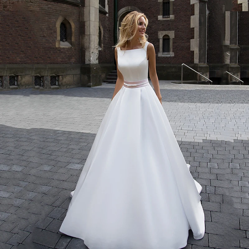 

BAZIIINGAAA Sleeveless Round Neck Simple Satin Wedding Dress Wide Shoulder Strap Fashion Bride Support Tailor-made
