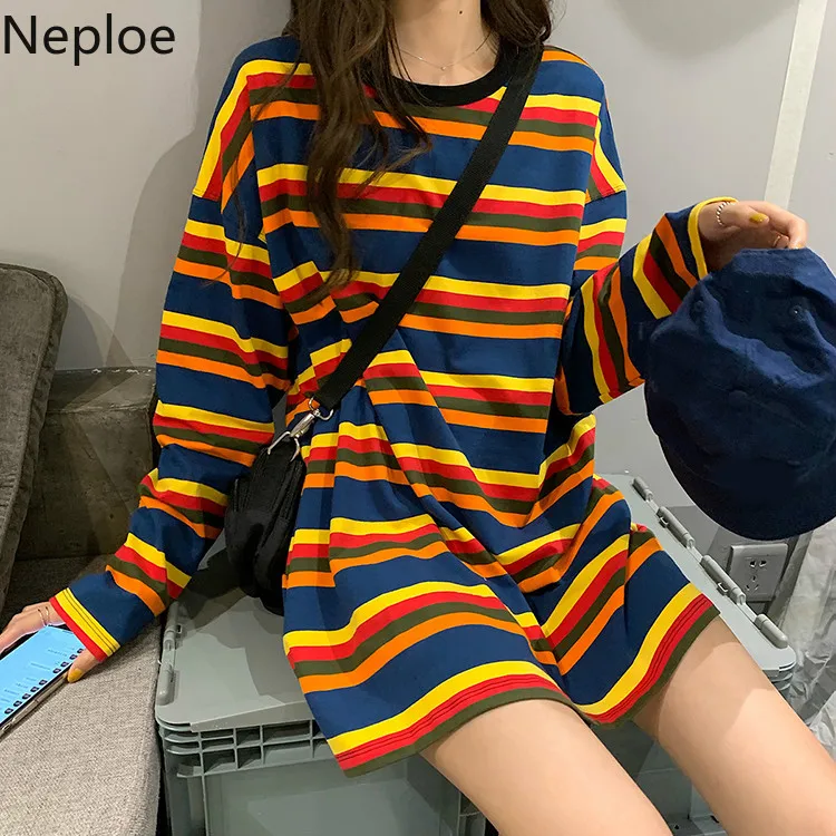 

Neploe Loose Bottom Long Sleeve T-shirt Vintage Rainbow Stripes T Shirts 2019 Autumn Medium-long Women Men Causal Top Tees 54035