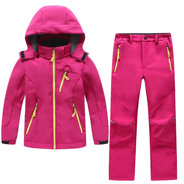 rose red 2 Pcs 2 шт. уличная Водонепроницаемая детская флисовая походная одежда для мальчиков и девочек зимняя флисовая куртка+ штаны лыжный походный спортивный костюм - Цвет: rose red 2 Pcs