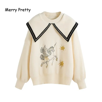 

Women's Cartoon Unicorn Embroidery Knitted Sweaters 2020 New Sweet Sailor Collar Jacquard Sweater Knit Pullover MERRY PRETTY