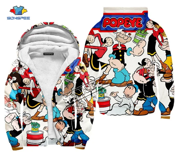 Popeye, Спортивная толстовка с капюшоном, на молнии, кепка, худи для мужчин и женщин, Harajuku, с 3D принтом, мягкая, удобная, сохраняющая тепло, зимняя куртка в стиле хип-хоп