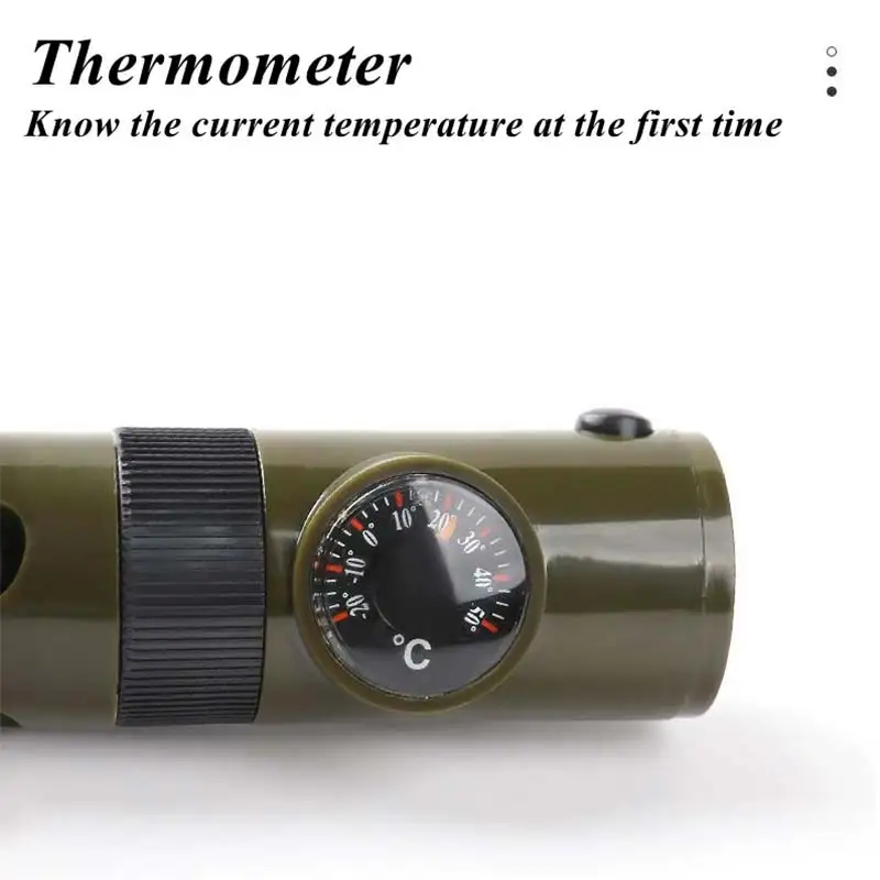 7in1 Emergency Survival Whistle Compass Multifunction Tool Magnifier Flashlight Storage Container Thermometer for Camping Hiking