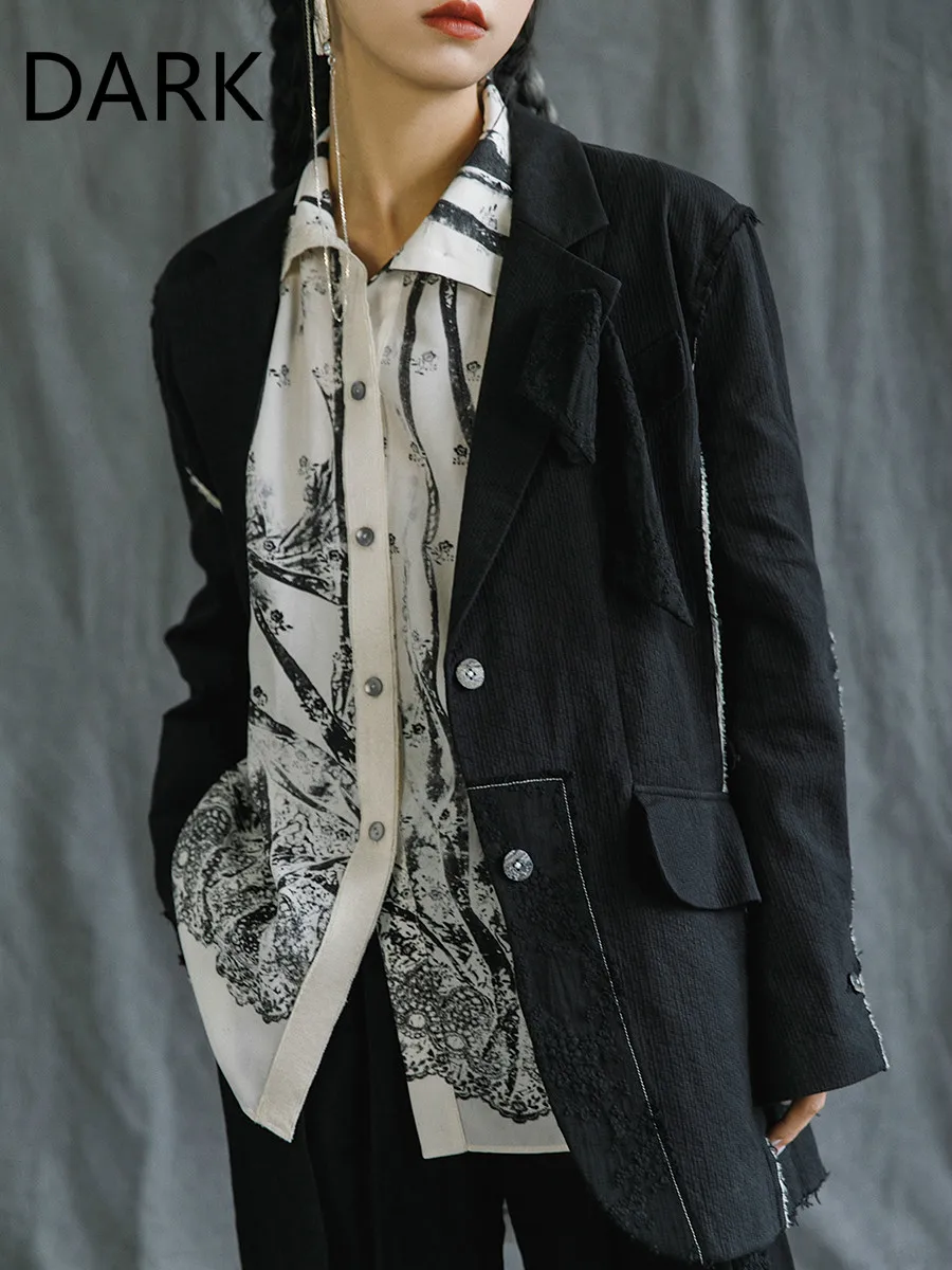 

[DARK] Homemade Black Wide-shoulder Stitching Suit 2020 New Autumn Design Sense Dark Jacket Female